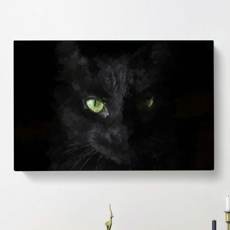 Black Cat With Green Eyes In Abstract - Wrapped Canvas Print, 60cm H x 91cm W x 3cm D
