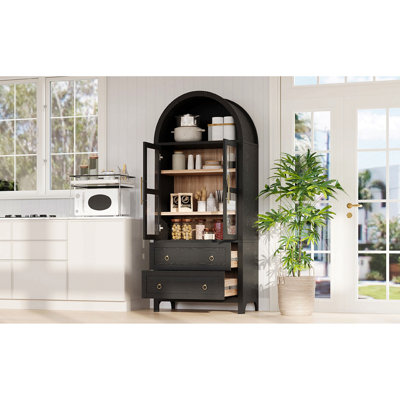 71" Tall Arched Kitchen Pantry Cabinet With 2 Large Drawers, Modern Farmhouse Kitchen Storage Cabinets With Adjustable Shelves, Glass Door, Wood Versa