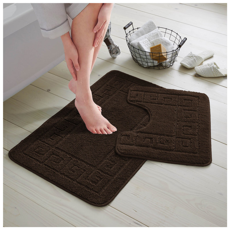 2 Piece Bathroom Rug Set Greek Key Pattern Bath Mat & Pedestal Mat Non Slip Rubber Back Soft Absorbent Mats, Chocolate