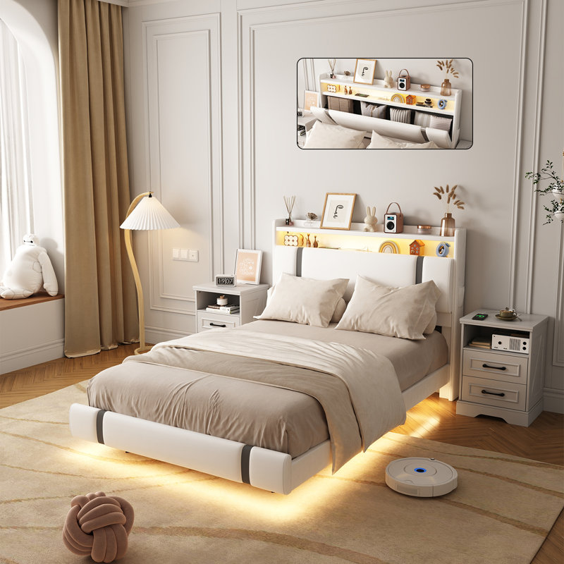 Komor Upholstered Storage Bed with Charging Station and LED Lights, Full, White