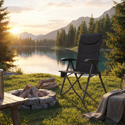 Folding Recliner Chair, Adjustable 95°-150° High Back Camping Chair With Cup Holder, Portable For Garden, Black