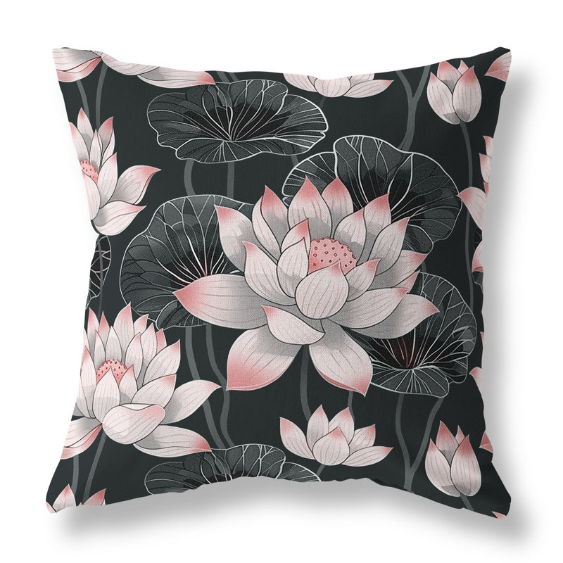 Coussin intérieur / extérieur Lotus Dreams, H 16 po x l 16 po, Gris / Rose