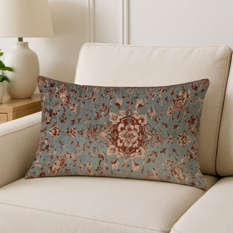 Coussin décoratif intérieur et extérieur Modern, Gris / rouge / bleu pâle géométrique, Rectangle H 20 po x l 14 po