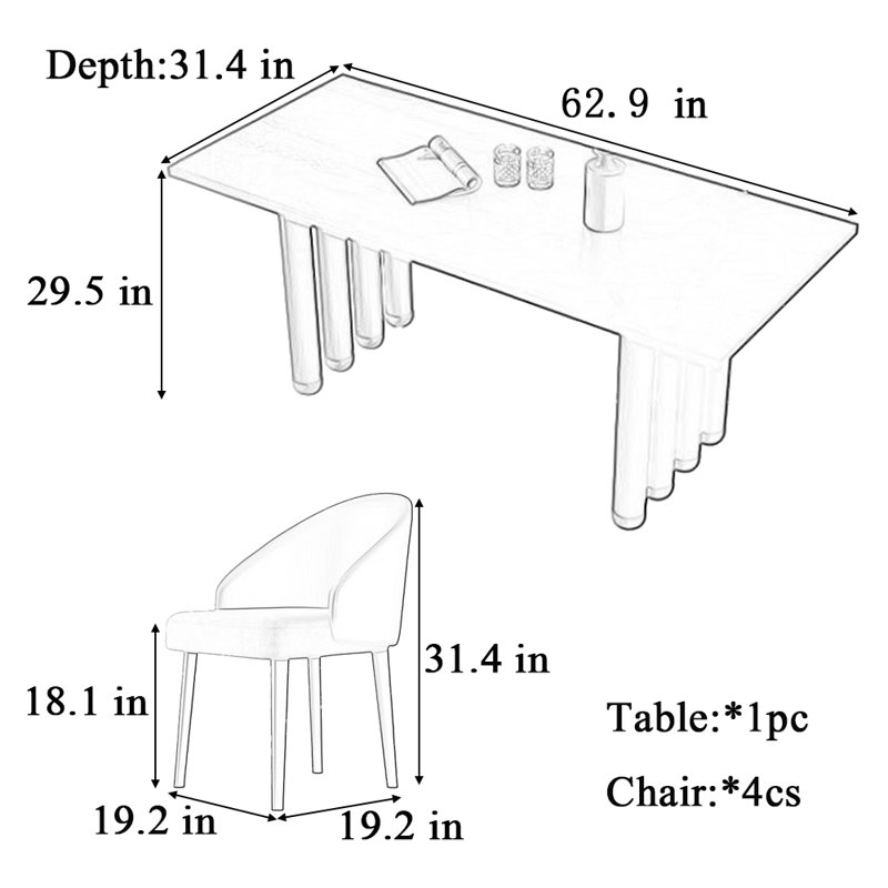 Table et chaise en bois massif moderne et simple rétro, H 29,5 po x L 62,9 po x l 31,4 po