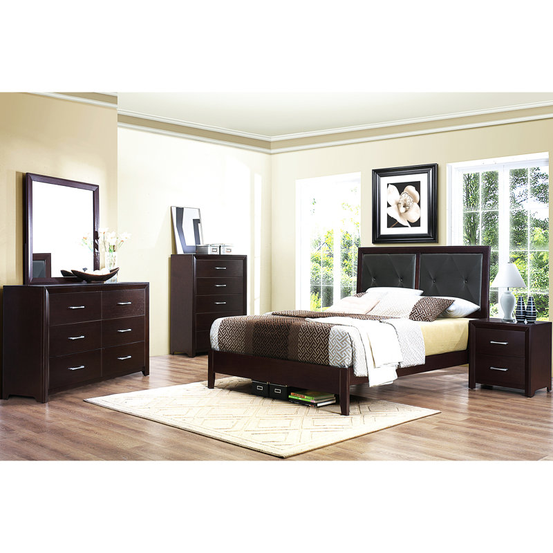 -Lit double grand avec bouton et tête de lit tapissier en similicuir, capitonnage moderne, Espresso, Grand lit