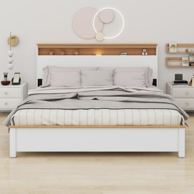 The Rustic Farmhouse Bed Frame With Storage Headboard Comes With A Built-In Charging Station