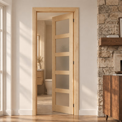 Dalle de porte intérieure en verre massif givré 5 Lite - porte de garde-manger en bois naturel avec cadre assorti et charnières noires