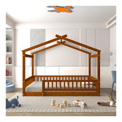 Full Size Wood Bed House Bed Frame With Fence, For Kids, Teens, Girls, Boys,Walnut