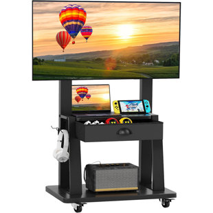 Mobile Tv Cart With Drawer,for 23-75 Inch Flat/curved Screen Up To 120lbs,adjustable Height Rolling Tvs Floor Stand With 2 Tiers Shelves,locking Wheel,for Indoor Outdoor,max Vesa 600x400mm,black