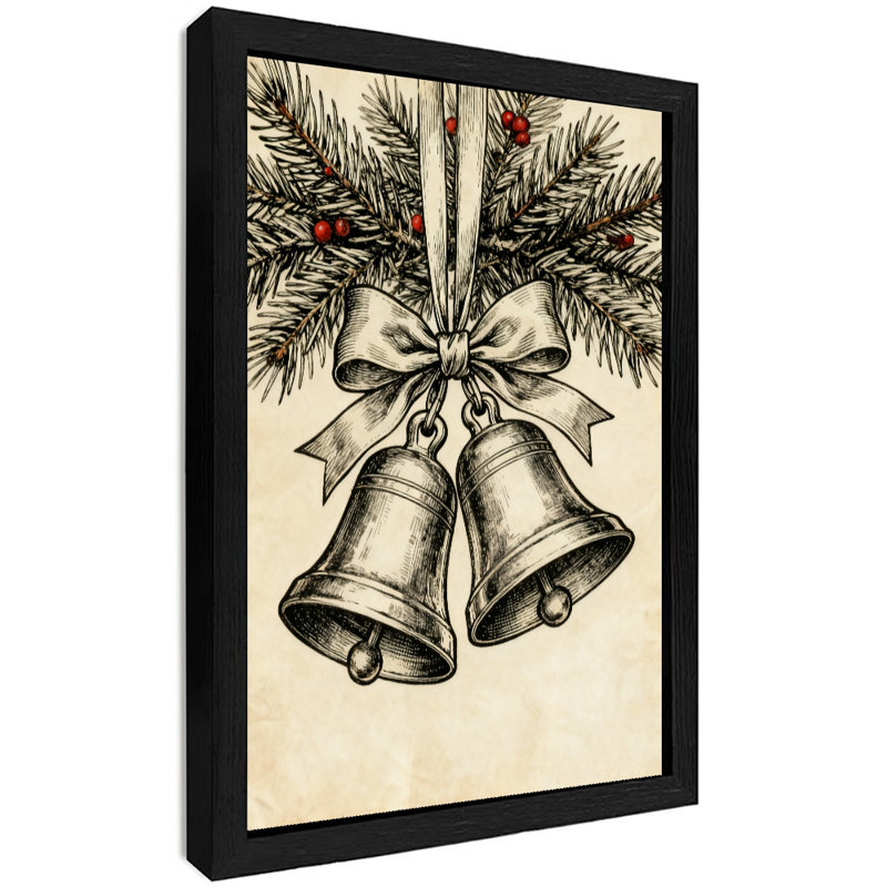 Reproduction d'art de cloche de Noël rétro encadrée noire, H 37 po x l 25 po