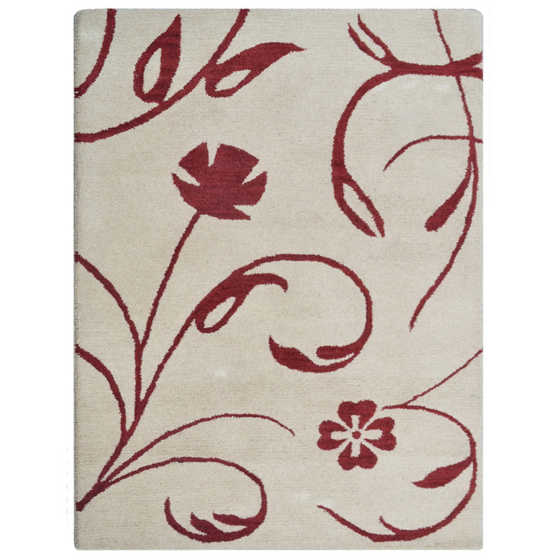 Tapis en laine touffetés à la main - Rectangle | Couleur rouge beige | Motif floral | Tapis de salon