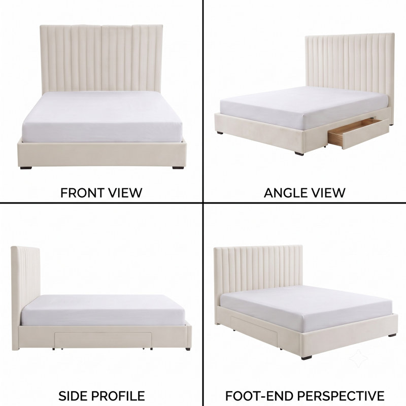 Extra Tall Channel Tufted Upholstered Bed, King, Velvet, Cream, King
