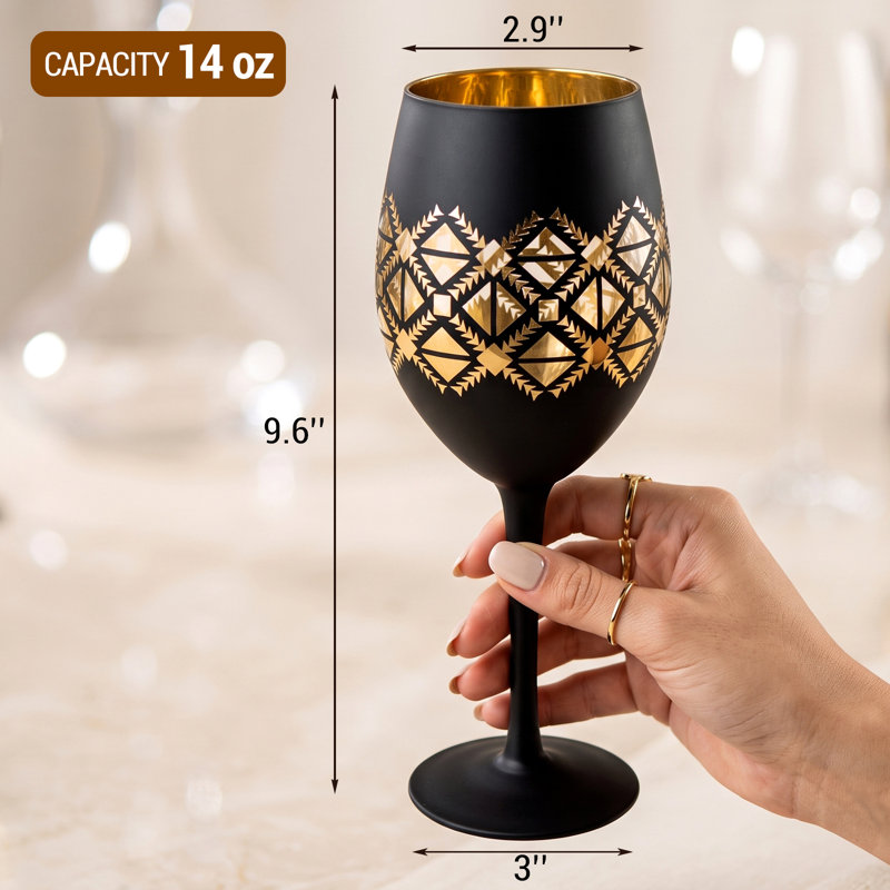 4-Piece 14-Oz Black Gold Drinking Wine Glasses
