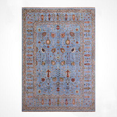 Original Hand Knotted Traditional Pattern Blue Wool and Cotton Rug