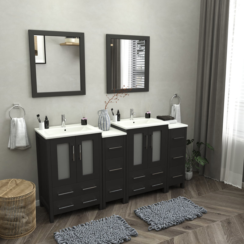  Modern 72" Double Sink Freestanding Bathroom Vanity with Ceramic Top and Matching Mirrors, Espresso