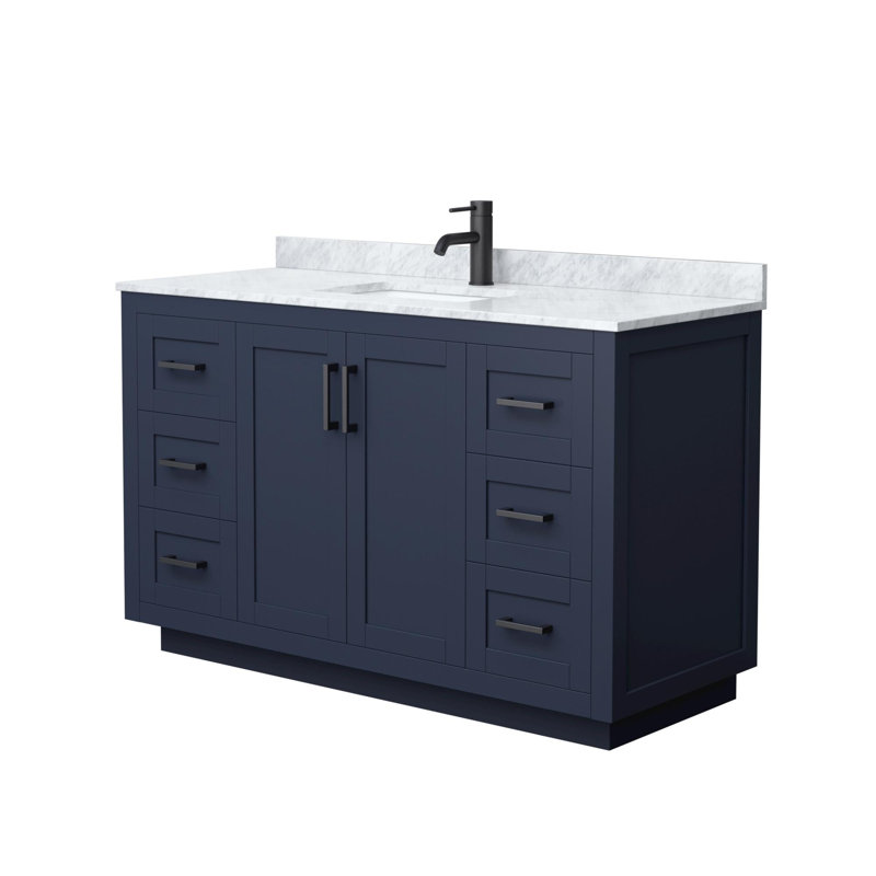 Ensemble de meuble-lavabo simple 54 po avec plateau en marbre Miranda, Bleu très foncé, Noir mat