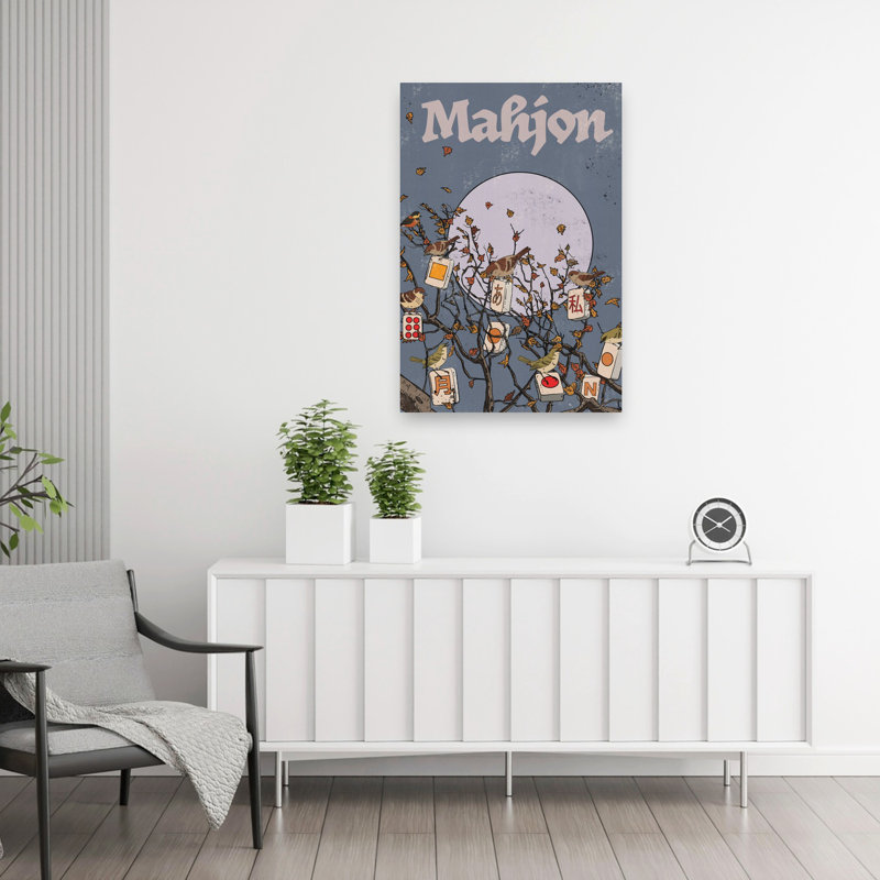 Mahjong Moon Birds Serene Tranquil Whimsical Bird Autumn Nature Wall Art Print, 91.44cm H x 60.96cm W