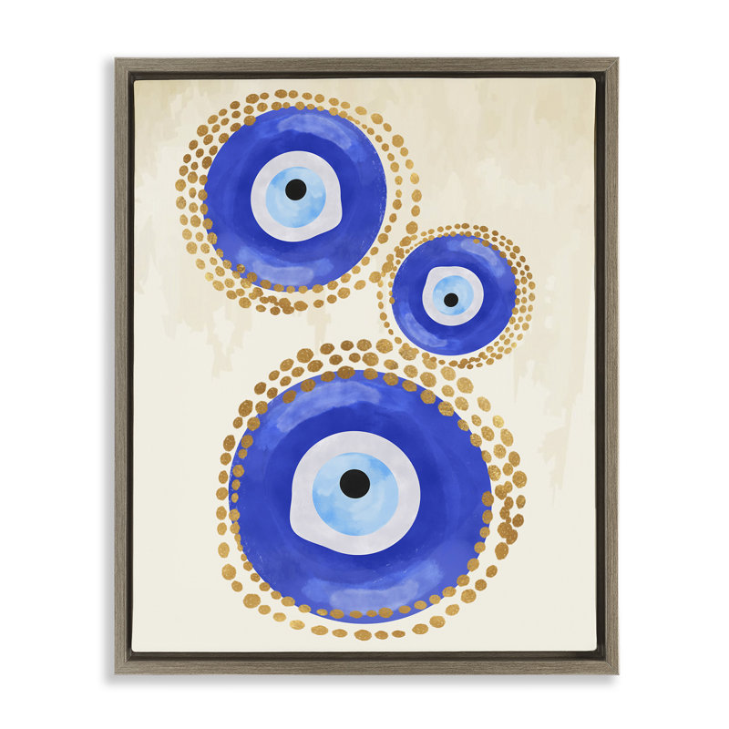 Motif rond de mauvais œil bleu, H 21 po x l 17 po, Cadre flottant orme Montalcino
