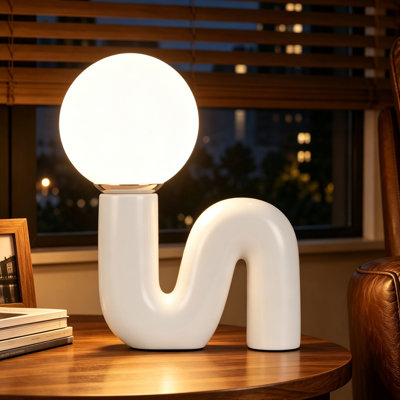 Lampe de table Beige S-Curve en céramique avec abat-jour en verre givré, hauteur de 15 pouces