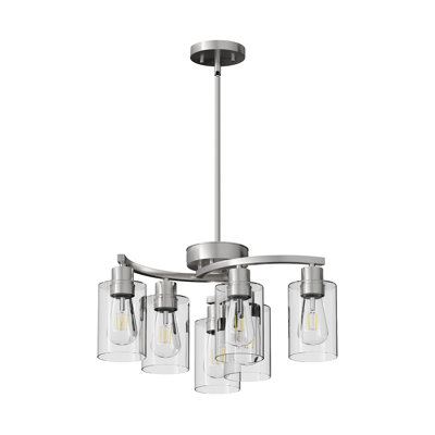 Lustres en nickel brossé 6 lumières pour la salle à manger au-dessus de la table, luminaire suspendu industriel à hauteur réglable pour la chambre à coucher avec îlot de cuisine, abat-jour en verre transparent