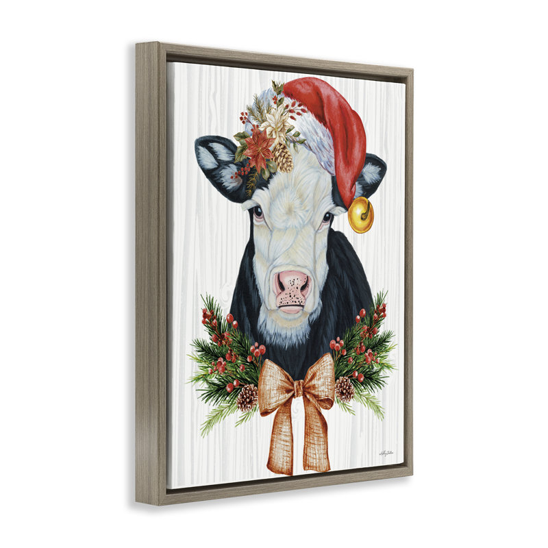 Cadre festif de vache festive dans un chapeau de Noël, design par Ashley Justice, H 21 po x l 17 po