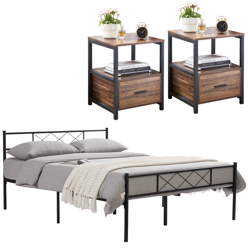 Ensemble de chambre configurable avec lit plateforme 3 pièces Kempst, Brun, Simple