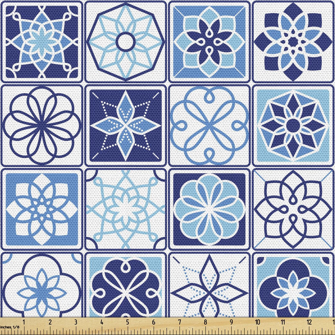 Gewebe als Meterware, Blumenmotiv Squares, Azulejo, Dark Sky Blue Himmelblau