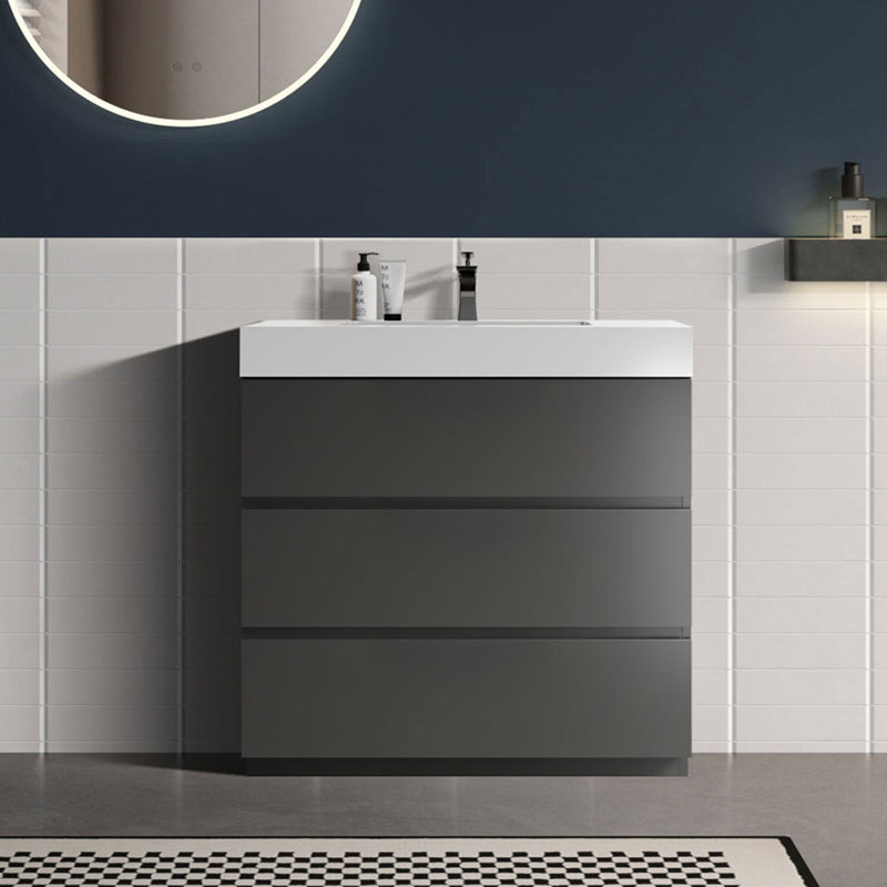 Meuble-lavabo sur pied simple Deandrick, Gris espace, Blanc lustré, 36"
