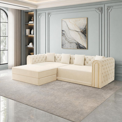 Tufted Velvet Convertible Sofa with Movable Ottoman