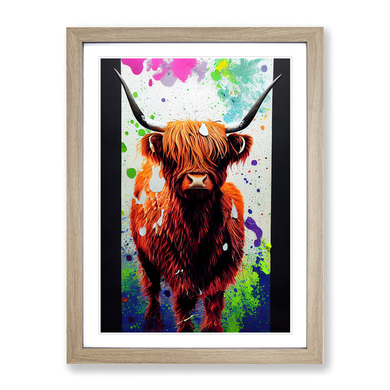 Highland Cow Splash No.5 - Single Picture Frame Print, 64cm H x 46cm W x 2cm D, Oak