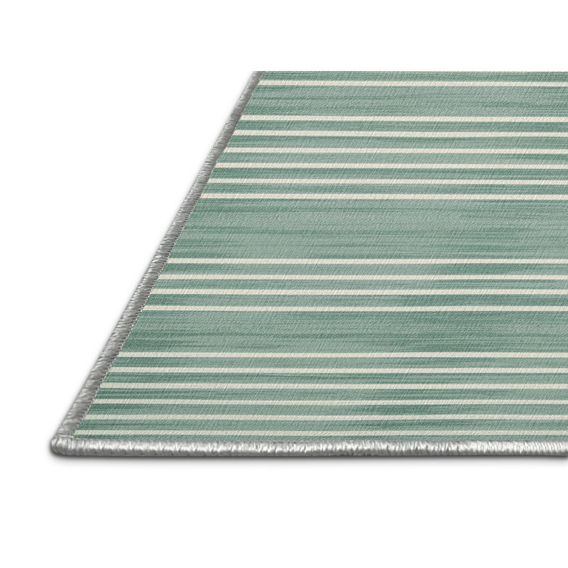 Washable Seafoam White Striped Area Rug, Rectangle 4' x 6'