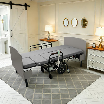 3-in-1 Electric Nursing Bed with OKIN Dual Motors, Convertible to Wheelchair & Stretcher, One-Touch Adjustment, Wired Remote Control, Safety Rails, Heavy-Duty Frame for Elderly Care