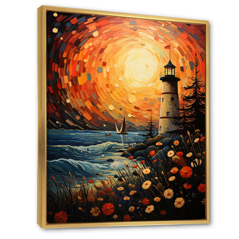 Art mural sur toile, "Phare du pointillisme III", H 20 po x l 12 po, Cadre flottant doré