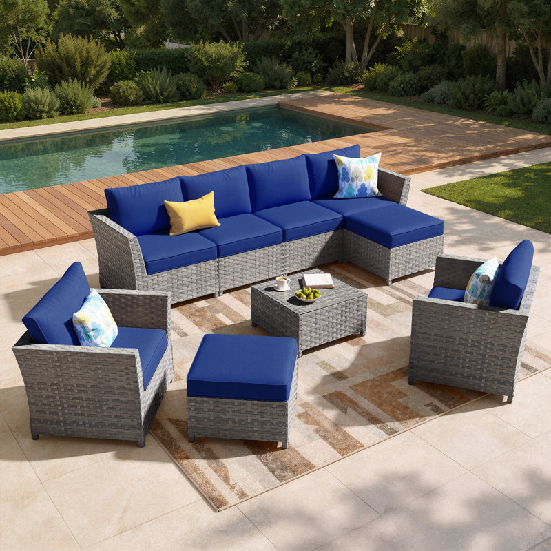 Grano 6 - Person Modular Patio Conversation Set with Cushions, Navy Blue
