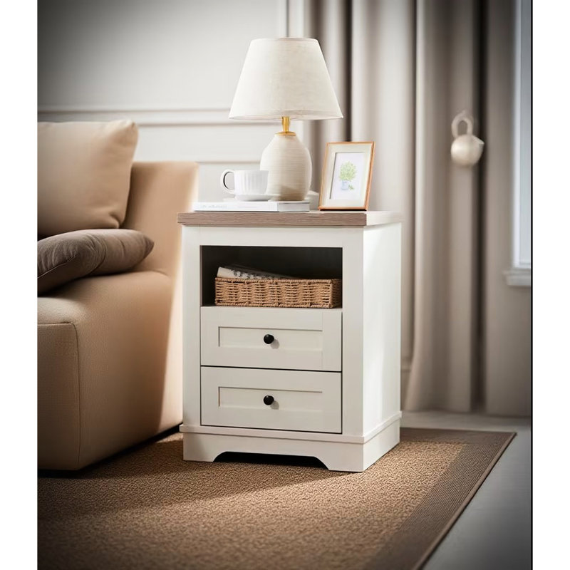 Table d'appoint rustique avec 2 rangements pour la chambre à coucher et le salon, extrémité 2 tiroirs blanc antique, décoration de style et d'espace