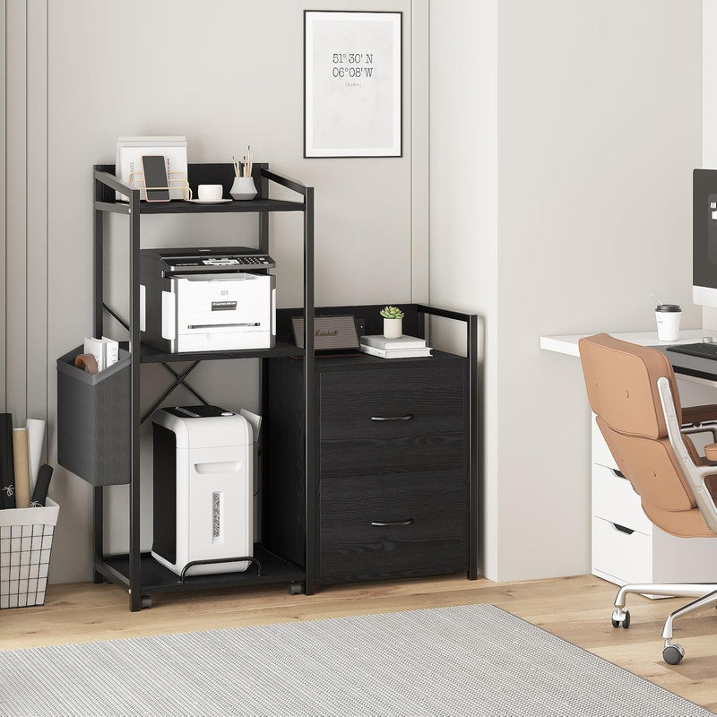 2-Drawer File Cabinet with Power Strip & LED Lights, Multi-Function Printer Stand for Home Office, Black