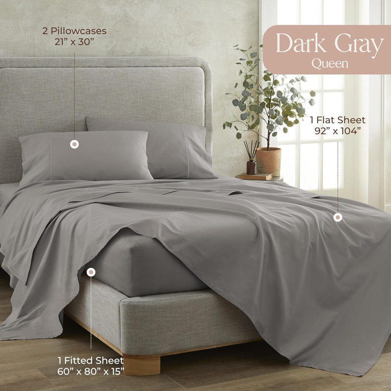 Draps 100% coton Whisper Organic pour grand lit - Draps certifiés biologiques Gots avec poche profonde et tissage en satin respirant et confortable qui devient plus doux à chaque lavage - ensemble de luxe 3 pièces (grand gris foncé)