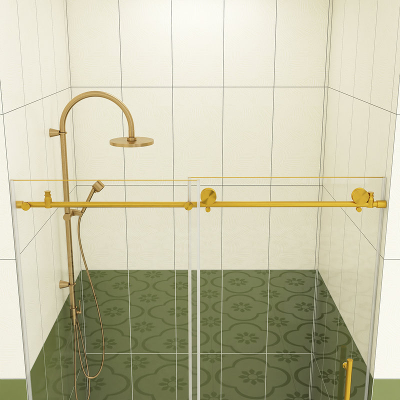 56 à 60 po X P 76 po H Porte de douche coulissante sans cadre au fini or brossé avec verre trempé transparent, Or brossé