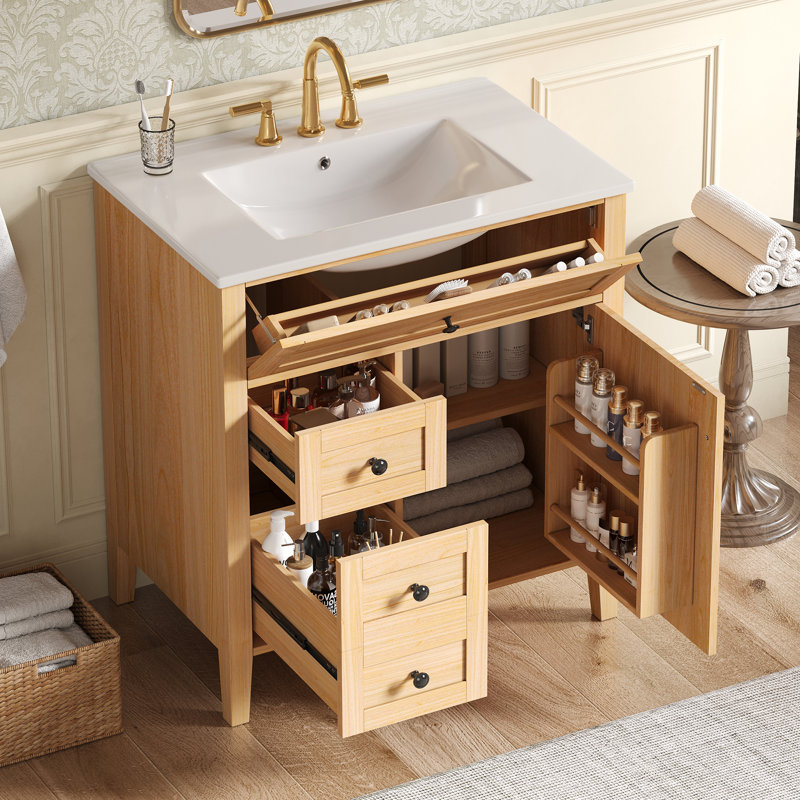 Meuble-lavabo 30 po à grain de bois naturel avec lavabo en céramique
