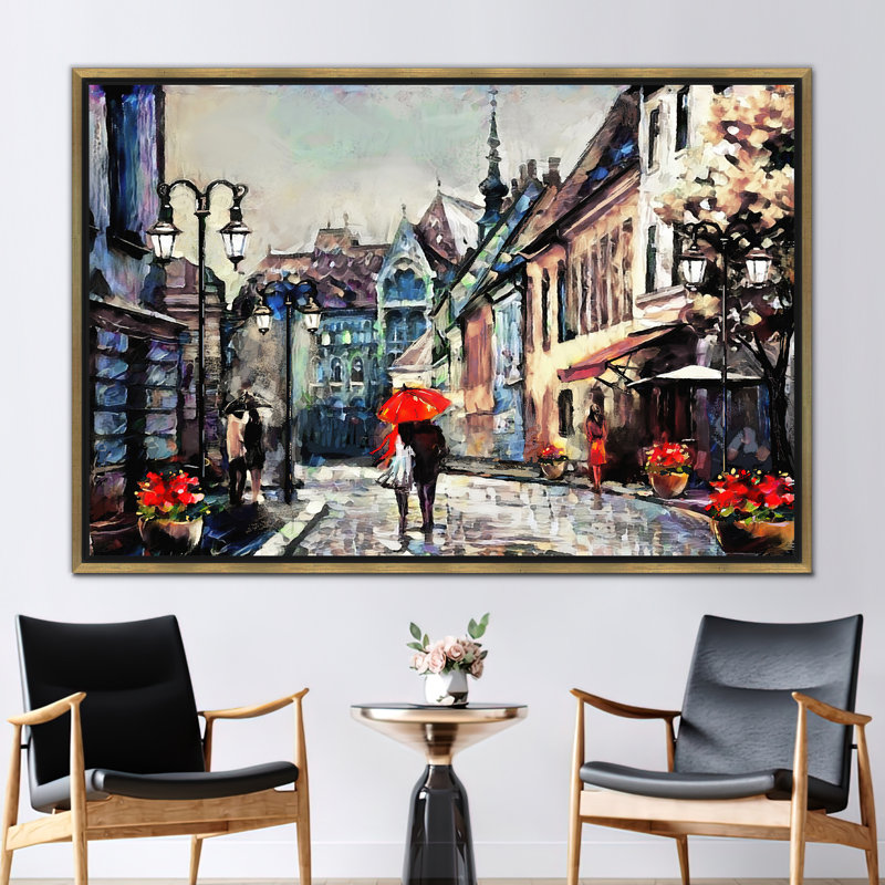 Romantic Umbrella Cityscape Canvas Wall Art - Ideal Valentine's Gift for Couples, Framed Print without Mat, Gold
