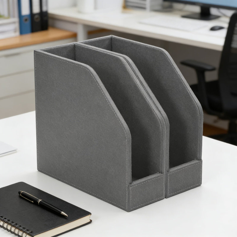 Vertical File Holder Organizer Set With Charging Station - 2 Piece Fabric Desktop Organizer For Files, Magazines, And Documents