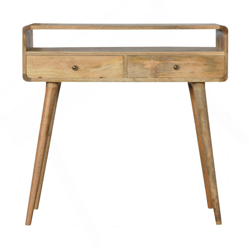 Console courbée Oak-Ish, pieds nordiques, 2 tiroirs, fente ouverte, brun