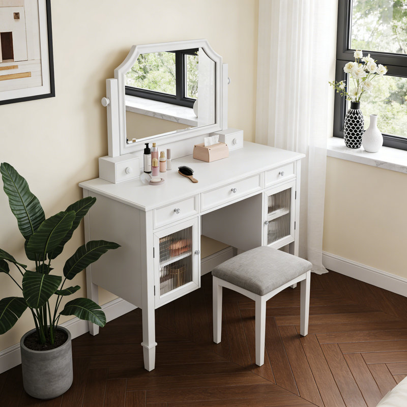 Ensemble de coiffeuse avec miroir ajustable et tabouret