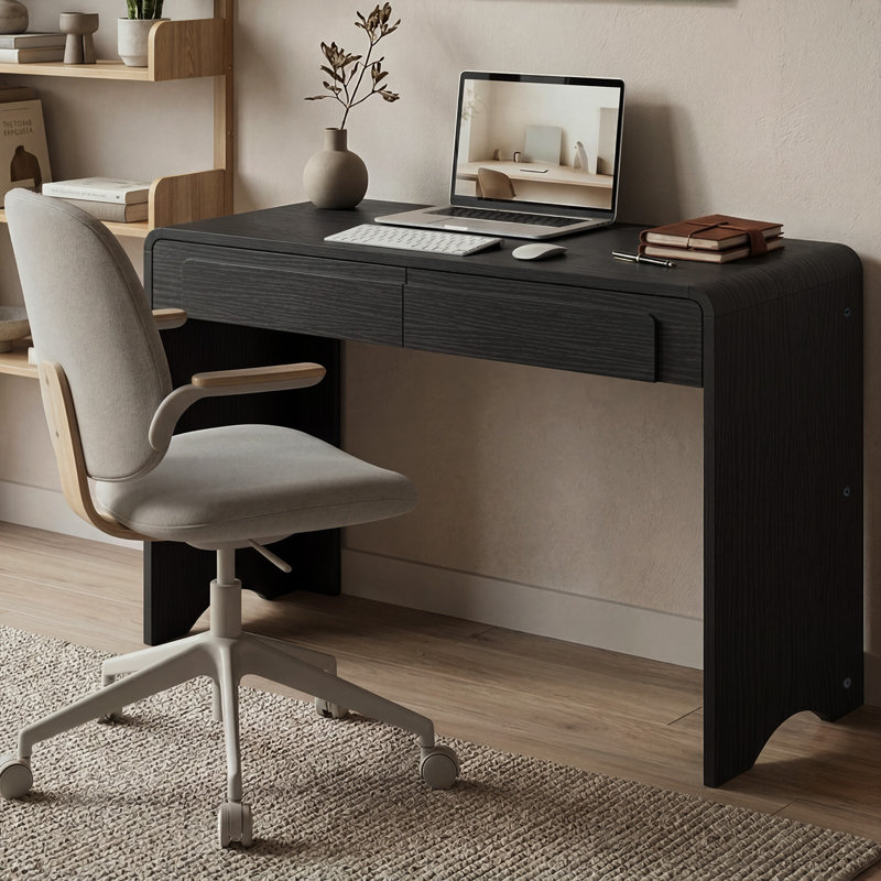 Abdulkareem 47 Inch Office Desk with 2 Storage Drawers, Curved Waterfall Modern Writing Desk, Minimalist Home Office Desk for Study, Black
