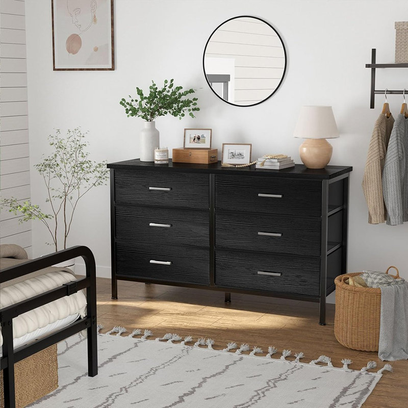 Large commode noire à 6 tiroirs pour la chambre à coucher, meuble télé pour commode 60 po et commode pour commode moderne