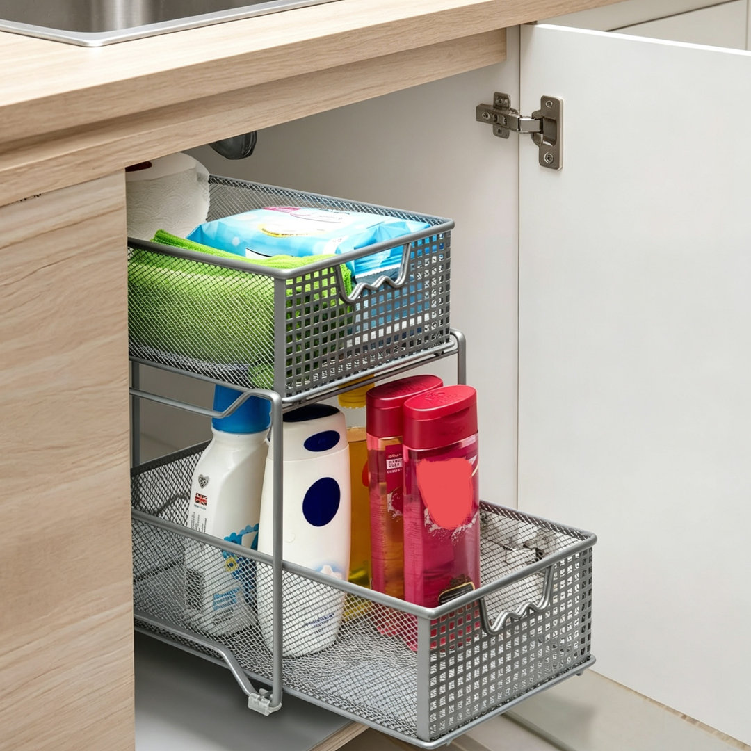 Silver Finish 2-Tier Sliding Basket Cupboard Organiser Metal Pull Out Cabinet Under Sink Storage