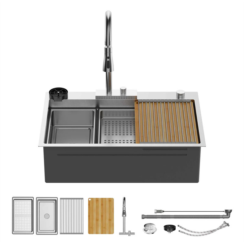 33 X 22 In. Drop-In Waterfall Kitchen Sink With Left Drain Black, Black