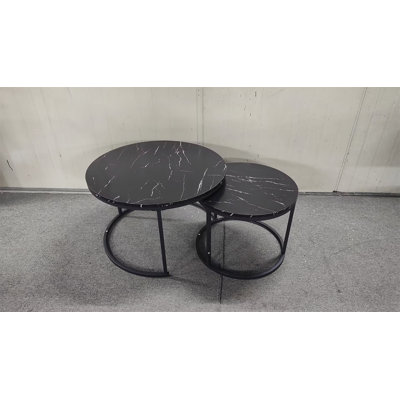 2PC Nesting Coffee Table Set with Wood Marble Pattern Top and Sturdy Metal Frame for Versatile Home Use