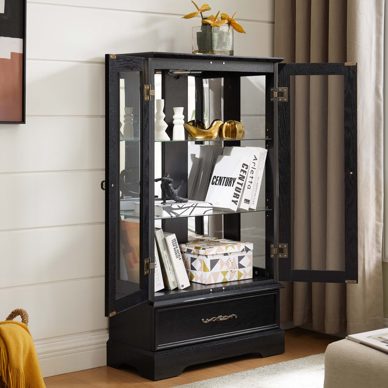 Vitrine lumineuse en verre avec tablettes réglables, Noir