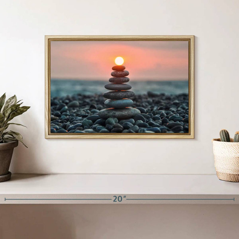 Zen pile au coucher du soleil, Cadre flottant en bois naturel, 13 po x 9 po